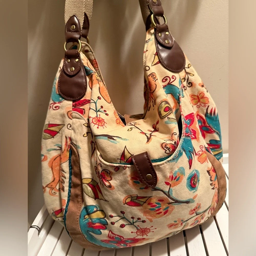 Lucky Brand Large Canvas Floral Bird Butterfly Hobo Bag - Picture 2 of 12